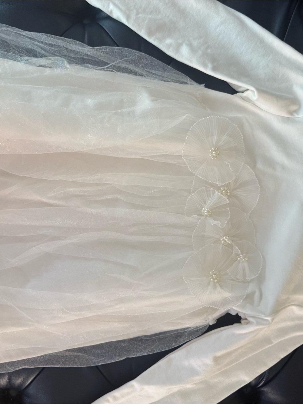 Girls' Ivory Long-Sleeve Tulle Floral Appliqué Party Dress